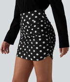 High Waisted Tummy Control Ruched Curved Hem Bodycon 2-in-1 Printed Mini Skirt — Midnight Dot — view 3