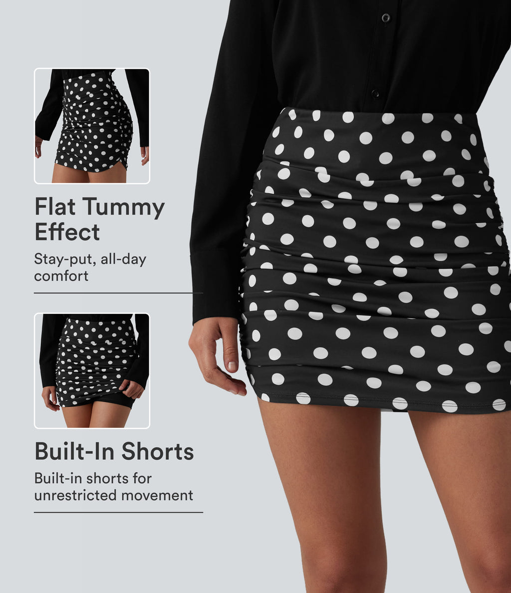 High Waisted Tummy Control Ruched Curved Hem Bodycon 2-in-1 Printed Mini Skirt — Midnight Dot — view 1