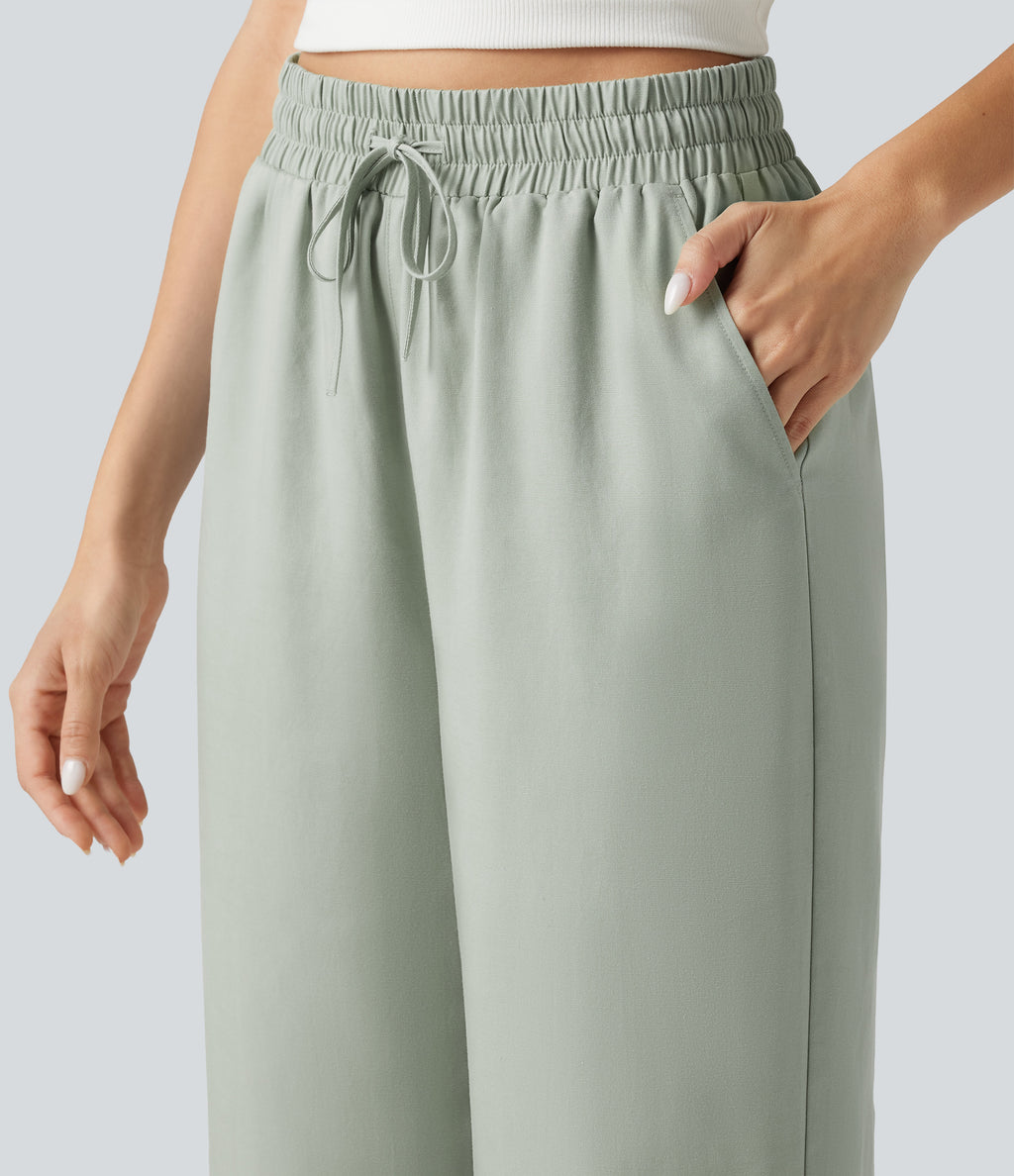 High Waisted Drawstring Wide Leg Casual Lyocell Linen-Blend Trousers with Pockets — Desert Sage — view 4