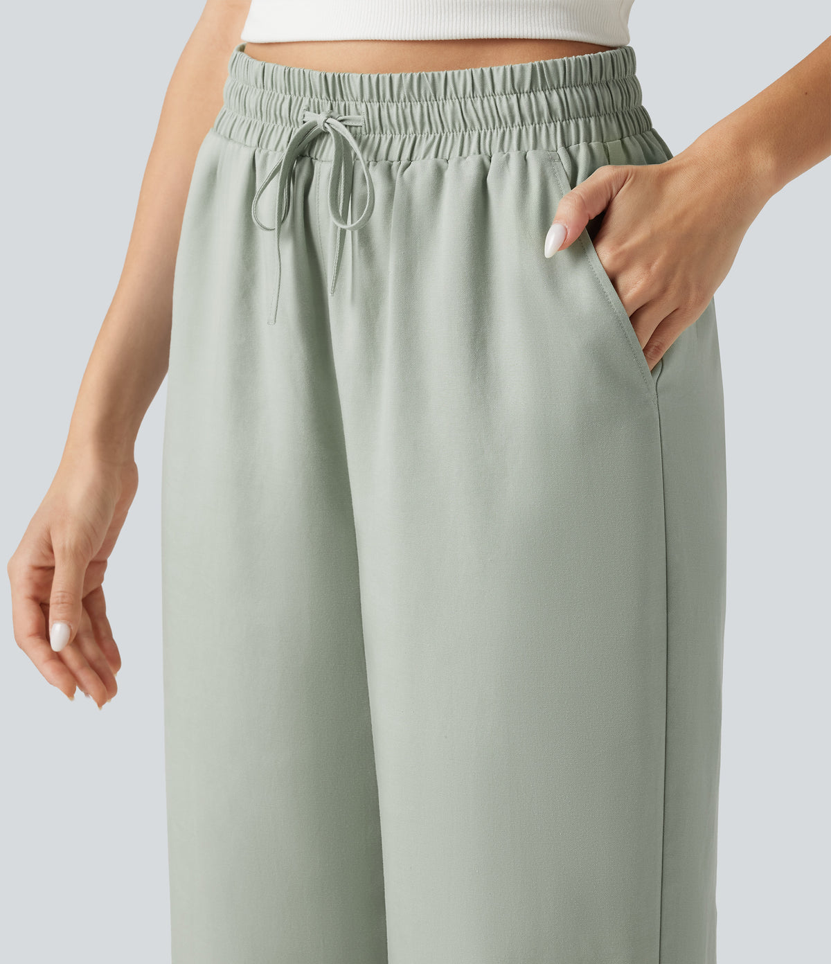 High Waisted Drawstring Wide Leg Casual Lyocell Linen-Blend Trousers with Pockets — Desert Sage — view 4