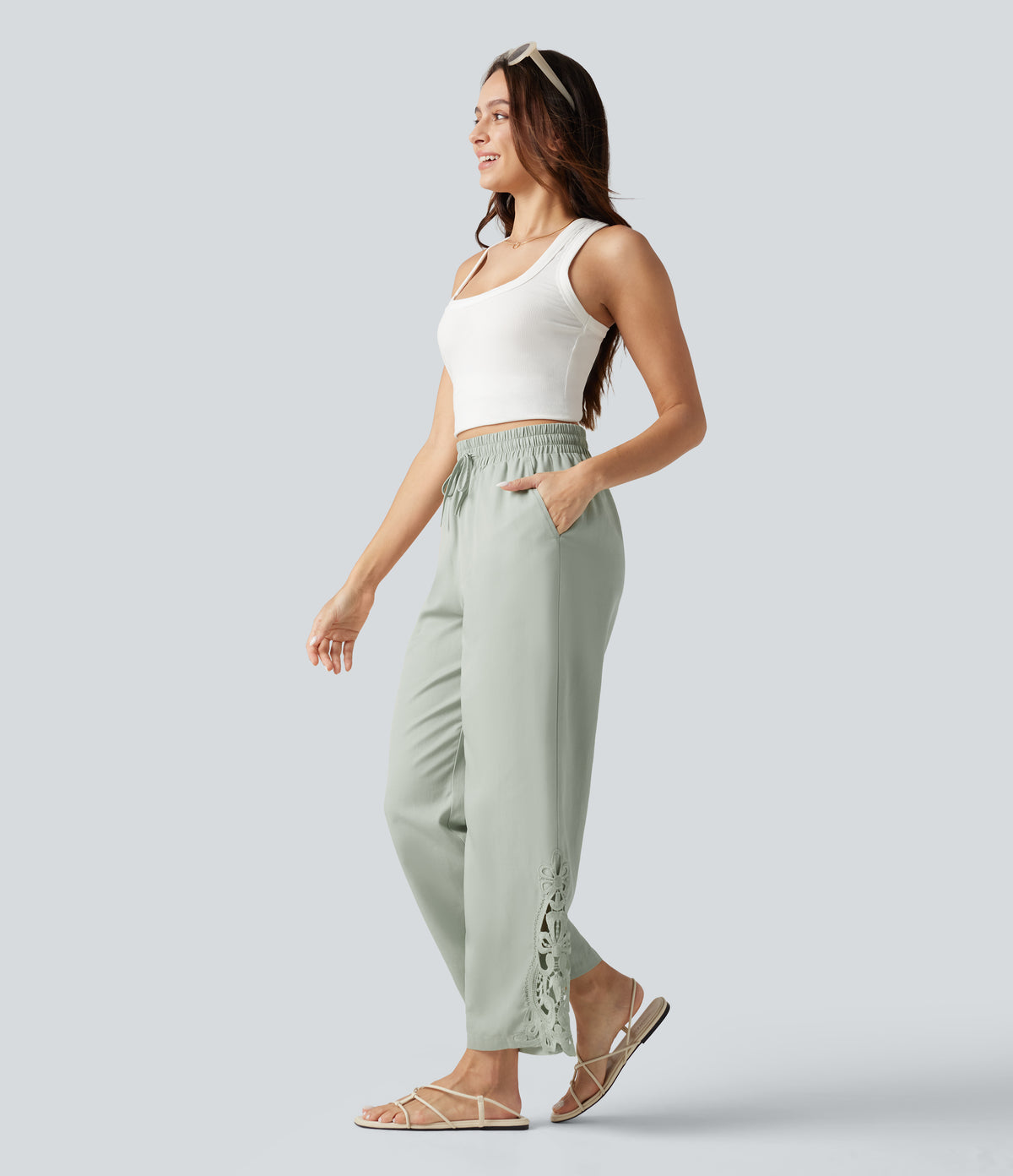 High Waisted Drawstring Wide Leg Casual Lyocell Linen-Blend Trousers with Pockets — Desert Sage — view 6