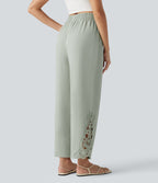 High Waisted Drawstring Wide Leg Casual Lyocell Linen-Blend Trousers with Pockets — Desert Sage — view 2