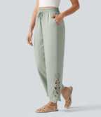 High Waisted Drawstring Wide Leg Casual Lyocell Linen-Blend Trousers with Pockets — Desert Sage — view 1