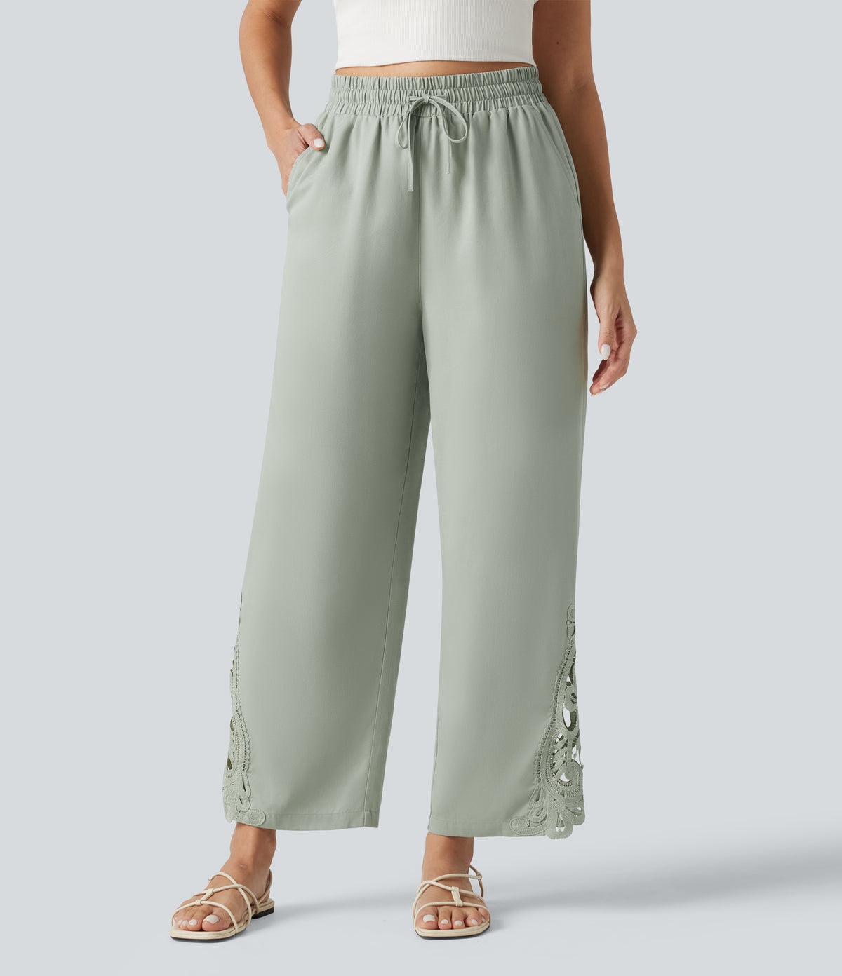 High Waisted Drawstring Wide Leg Casual Lyocell Linen-Blend Trousers with Pockets — Desert Sage — view 3