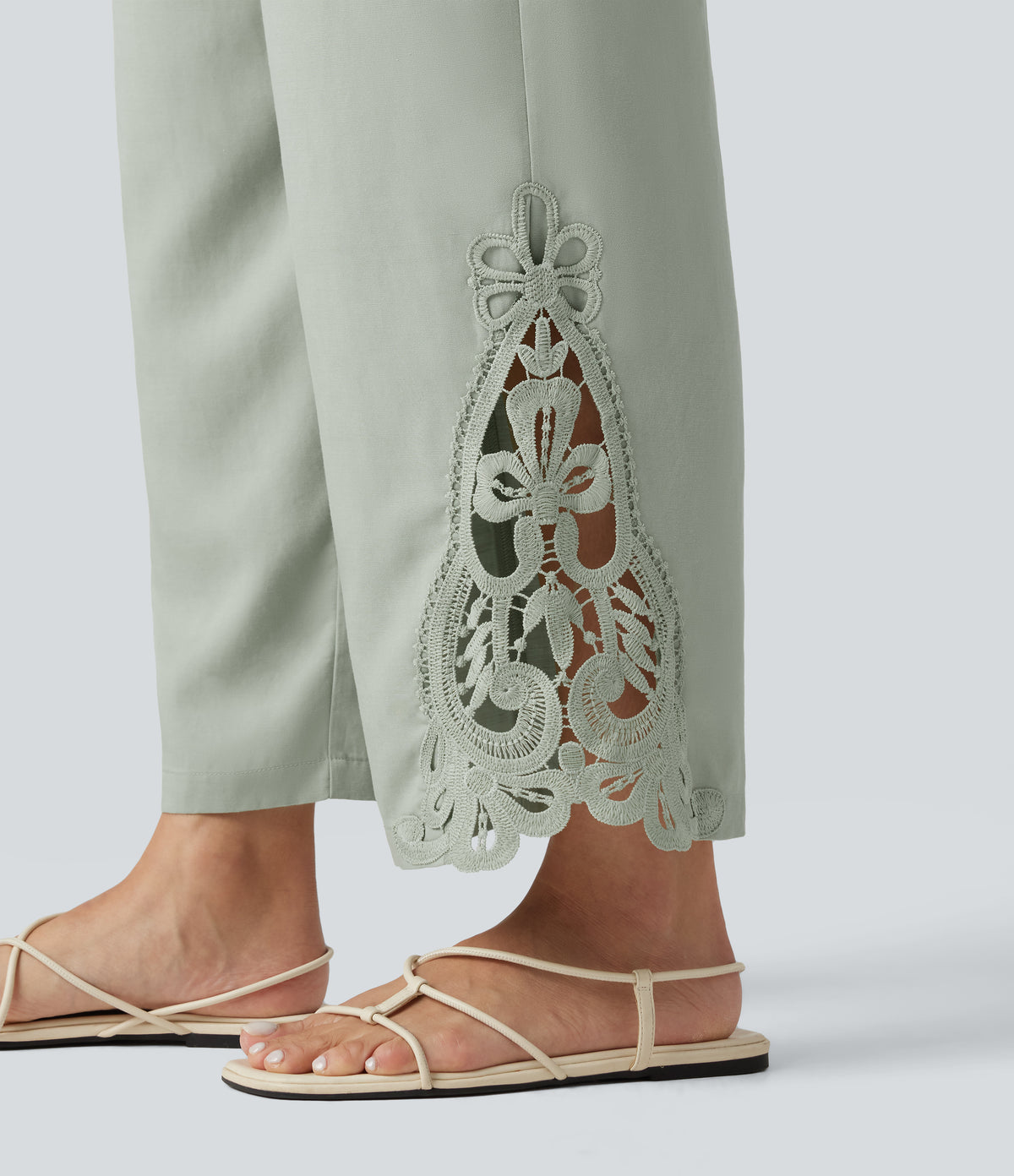 High Waisted Drawstring Wide Leg Casual Lyocell Linen-Blend Trousers with Pockets — Desert Sage — view 5