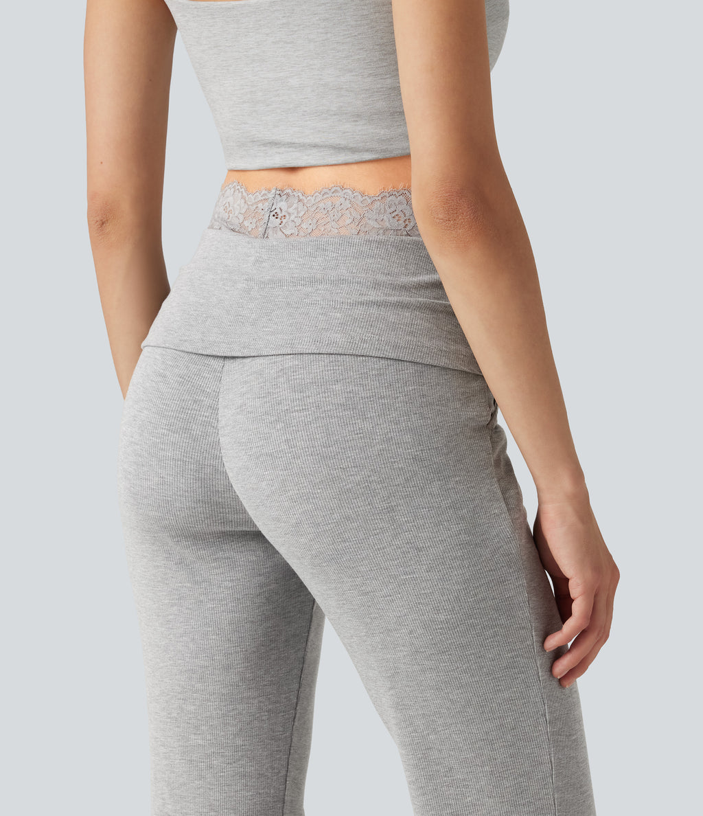 High Stretch Ribbed Knit Lace Mid Rise Flare Casual Trousers with Pockets — Fog Gray — view 6