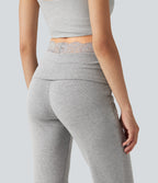 High Stretch Ribbed Knit Lace Mid Rise Flare Casual Trousers with Pockets — Fog Gray — view 6