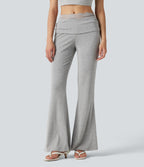 High Stretch Ribbed Knit Lace Mid Rise Flare Casual Trousers with Pockets — Fog Gray — view 1