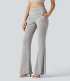 High Stretch Ribbed Knit Lace Mid Rise Flare Casual Trousers with Pockets — Fog Gray — view 3