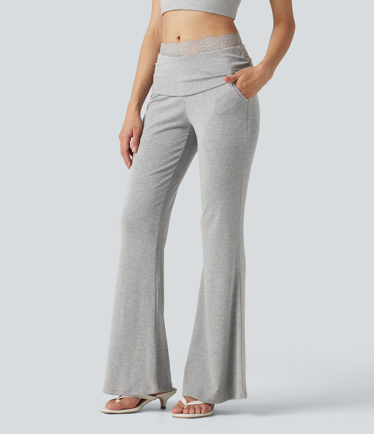 High Stretch Ribbed Knit Lace Mid Rise Flare Casual Trousers with Pockets — Fog Gray — view 3