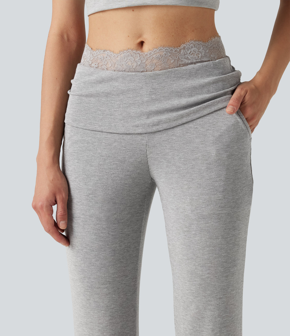 High Stretch Ribbed Knit Lace Mid Rise Flare Casual Trousers with Pockets — Fog Gray — view 4