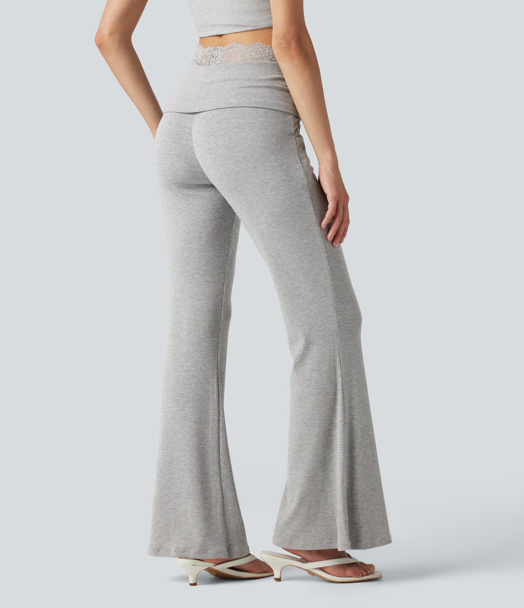 High Stretch Ribbed Knit Lace Mid Rise Flare Casual Trousers with Pockets — Fog Gray — view 2