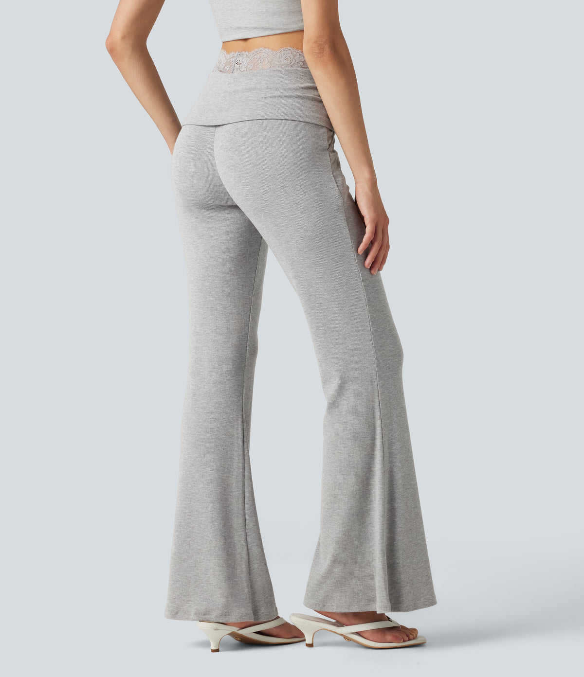 High Stretch Ribbed Knit Lace Mid Rise Flare Casual Trousers with Pockets — Fog Gray — view 2