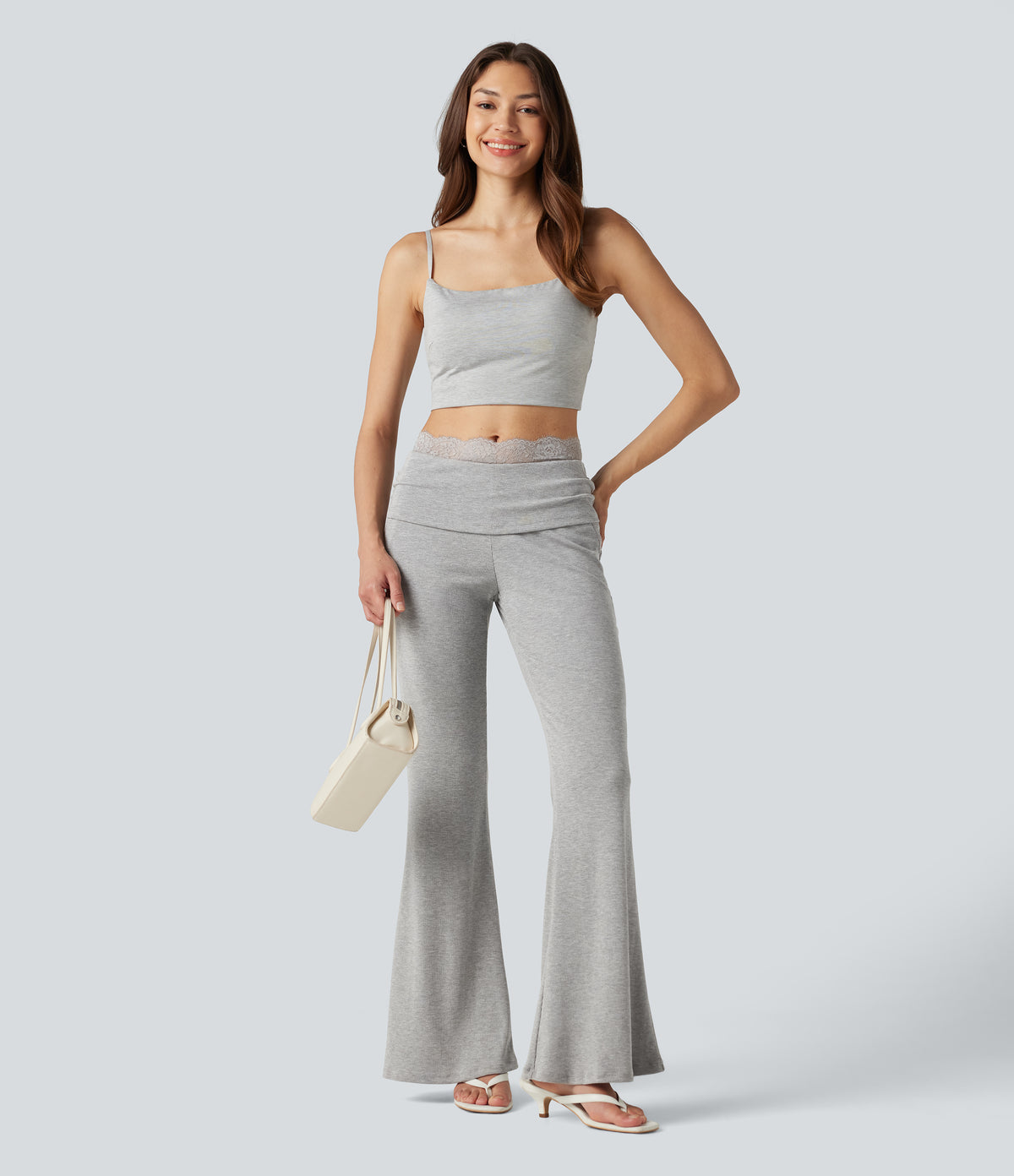 High Stretch Ribbed Knit Lace Mid Rise Flare Casual Trousers with Pockets — Fog Gray — view 7