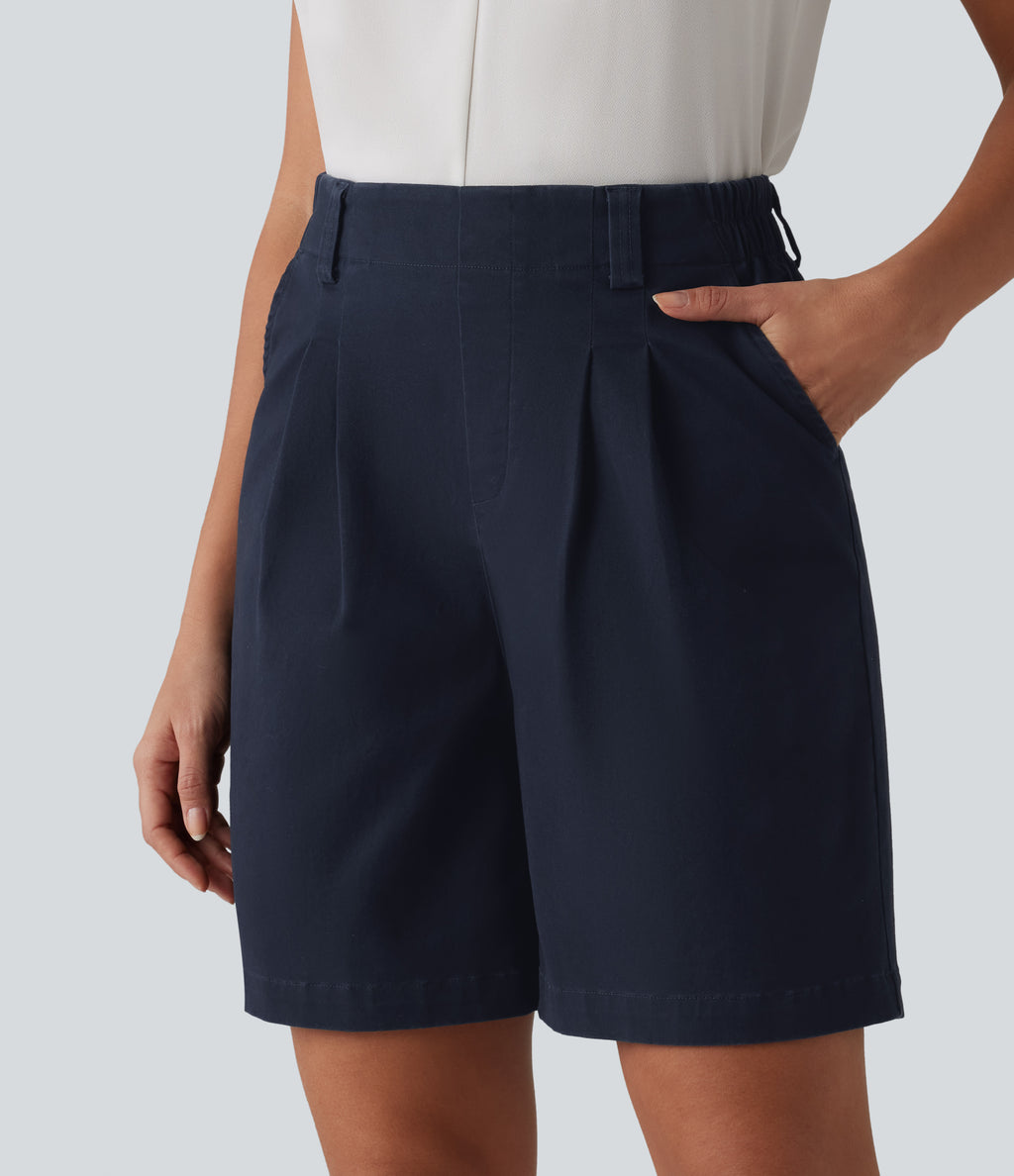 High Waisted Pleated Work Chino Cotton Baggy Shorts 7'' with Pockets — Navy Blazer — view 4
