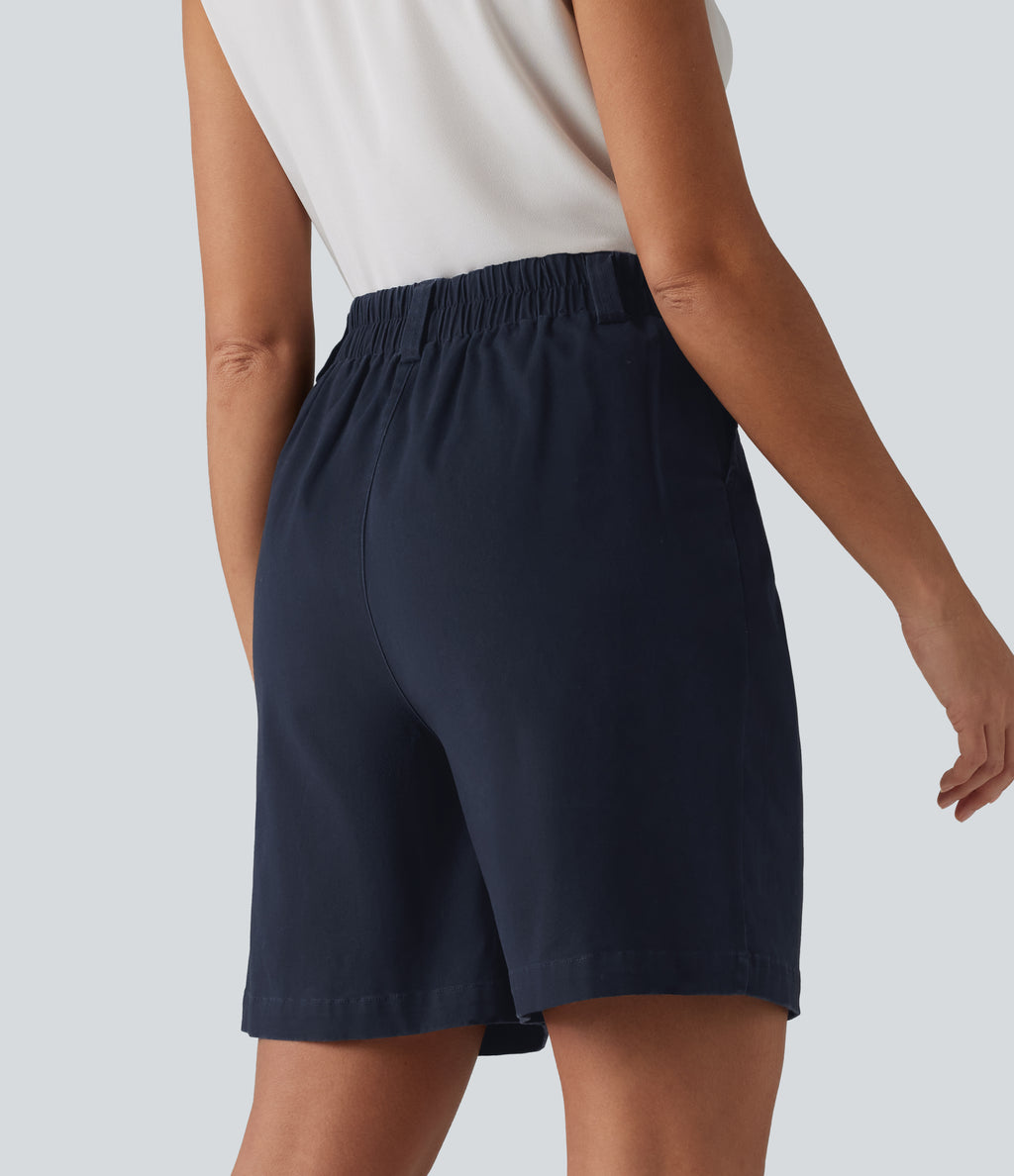 High Waisted Pleated Work Chino Cotton Baggy Shorts 7'' with Pockets — Navy Blazer — view 2