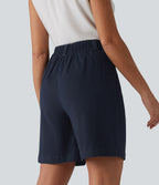 High Waisted Pleated Work Chino Cotton Baggy Shorts 7'' with Pockets — Navy Blazer — view 2