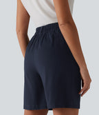 High Waisted Pleated Work Chino Cotton Baggy Shorts 7'' with Pockets — Navy Blazer — view 5