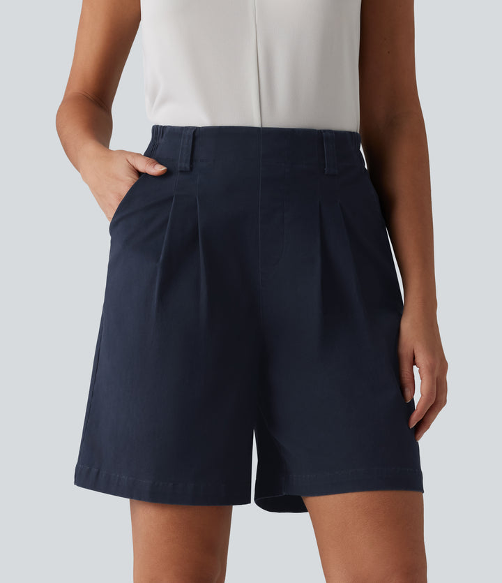 High Waisted Pleated Work Chino Cotton Baggy Shorts 7'' with Pockets — Navy Blazer — view 1