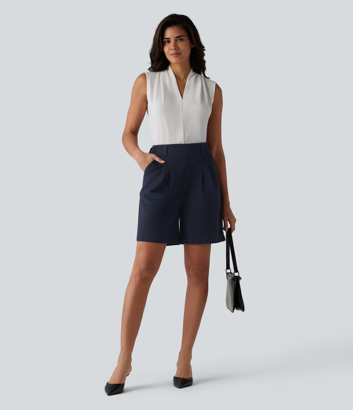 High Waisted Pleated Work Chino Cotton Baggy Shorts 7'' with Pockets — Navy Blazer — view 6
