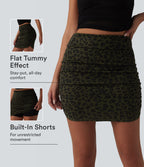 High Waisted Tummy Control Ruched Curved Hem 2-in-1 Leopard Print Mini Bodycon Casual Skirt — Olive Noir — view 1