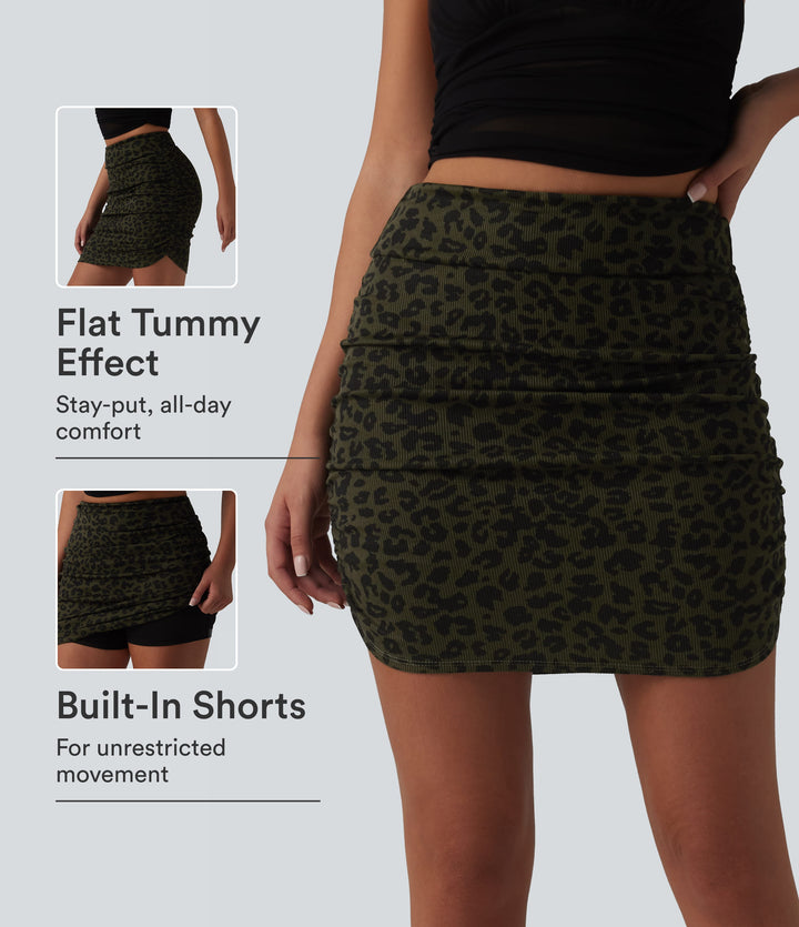 High Waisted Tummy Control Ruched Curved Hem 2-in-1 Leopard Print Mini Bodycon Casual Skirt — Olive Noir — view 1