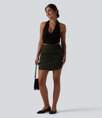 High Waisted Tummy Control Ruched Curved Hem 2-in-1 Leopard Print Mini Bodycon Casual Skirt — Olive Noir — view 7