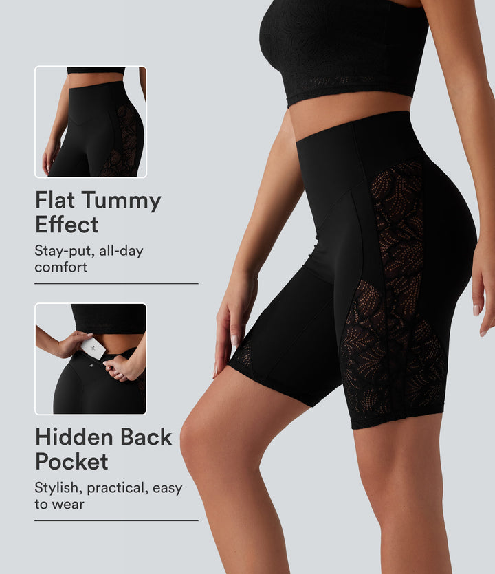 High Waisted Tummy Control Contrast Lace Yoga Biker Shorts 9'' with Pocket — Black — view 1
