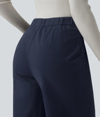 High Waisted Wide Leg Work Chino Cotton Trousers with Pockets — Navy Blazer — view 4