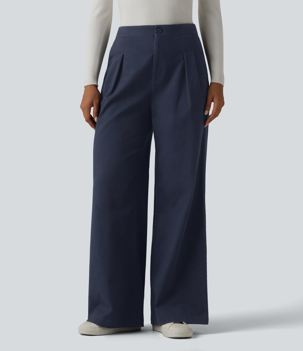 High Waisted Wide Leg Work Chino Cotton Trousers with Pockets — Navy Blazer — view 1