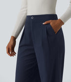 High Waisted Wide Leg Work Chino Cotton Trousers with Pockets — Navy Blazer — view 5