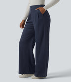 High Waisted Wide Leg Work Chino Cotton Trousers with Pockets — Navy Blazer — view 3