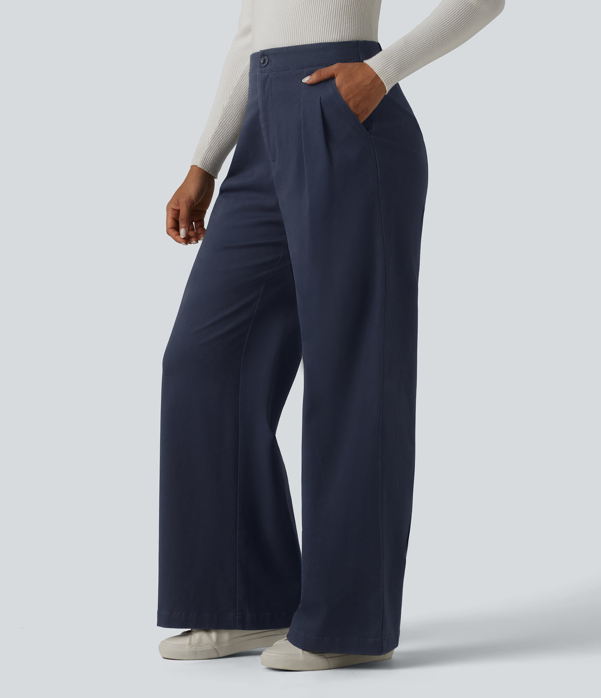 High Waisted Wide Leg Work Chino Cotton Trousers with Pockets — Navy Blazer — view 3