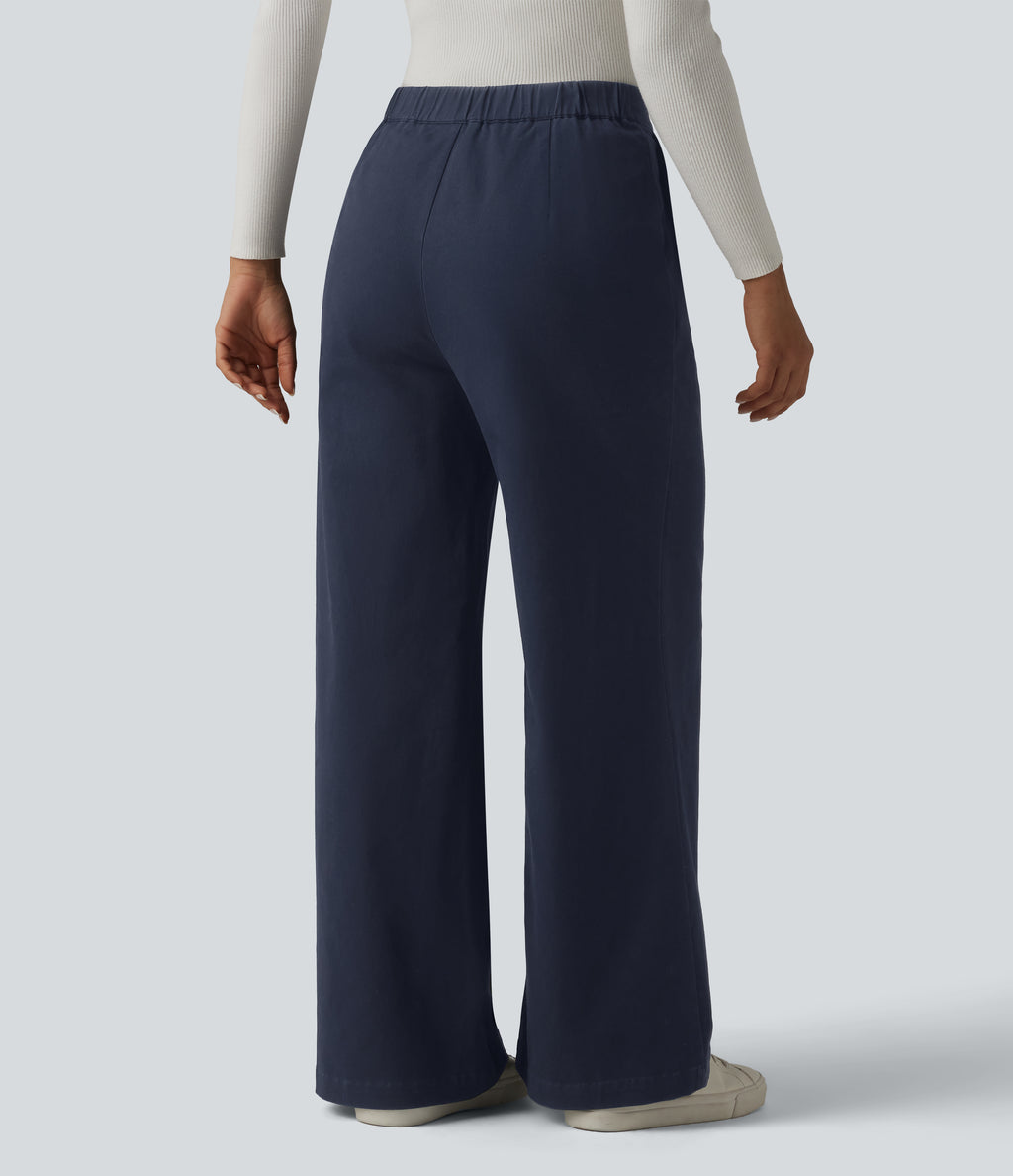 High Waisted Wide Leg Work Chino Cotton Trousers with Pockets — Navy Blazer — view 2