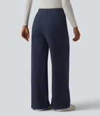 High Waisted Wide Leg Work Chino Cotton Trousers with Pockets — Navy Blazer — view 2
