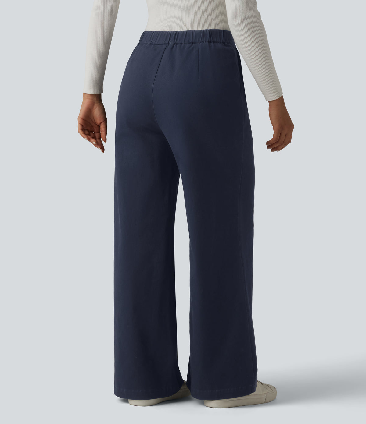 High Waisted Wide Leg Work Chino Cotton Trousers with Pockets — Navy Blazer — view 2