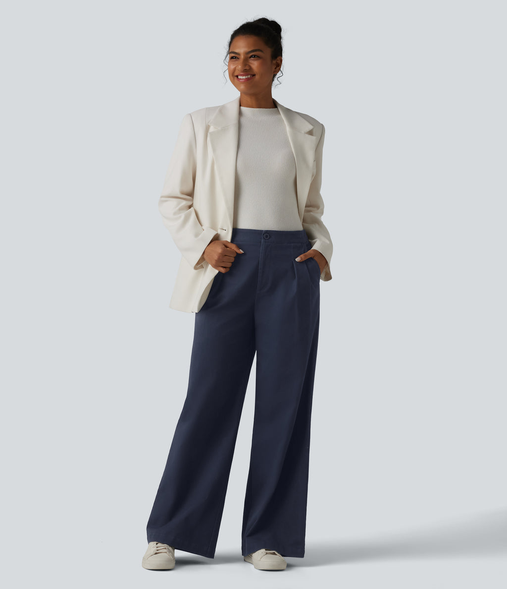 High Waisted Wide Leg Work Chino Cotton Trousers with Pockets — Navy Blazer — view 6