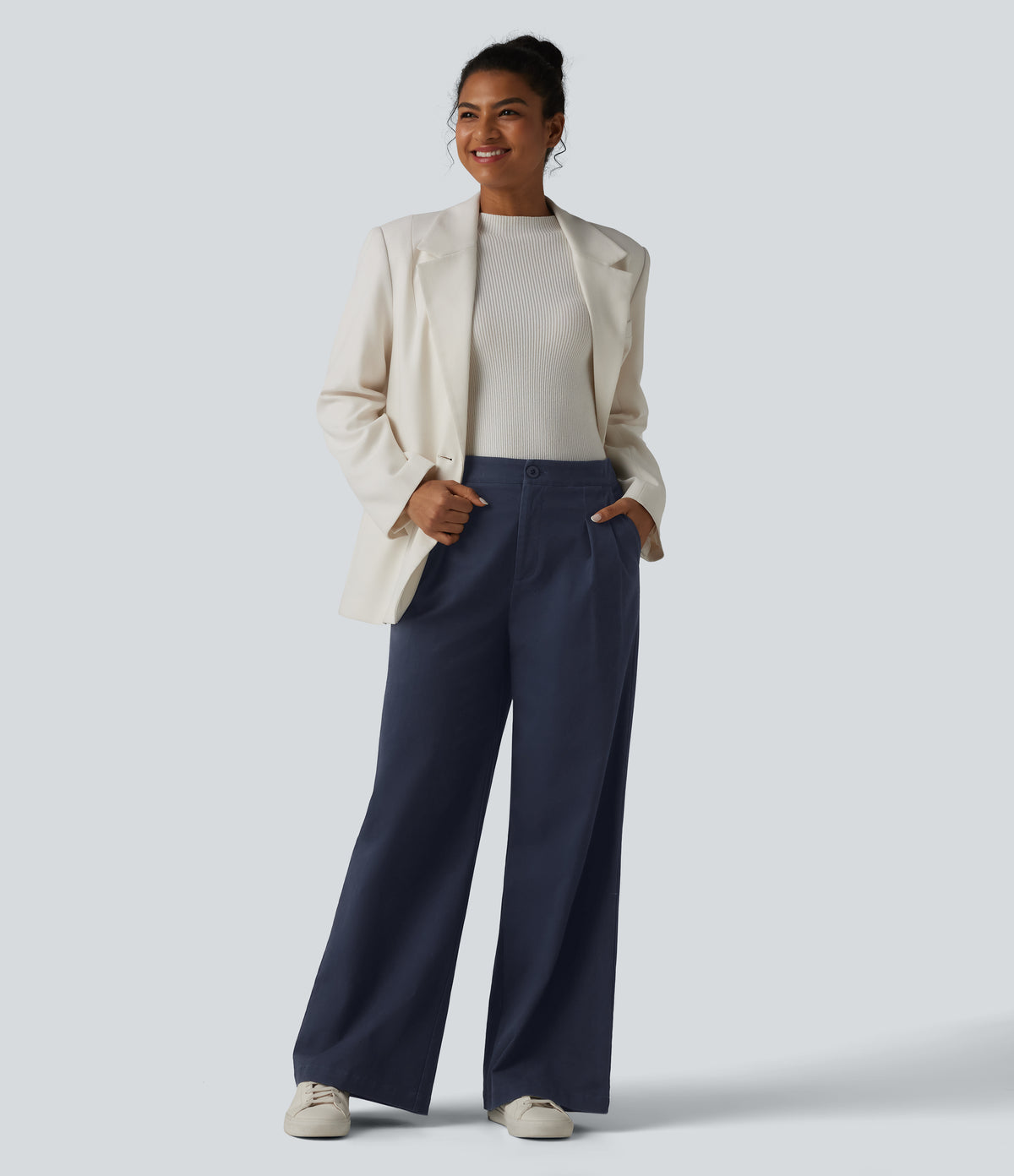 High Waisted Wide Leg Work Chino Cotton Trousers with Pockets — Navy Blazer — view 6
