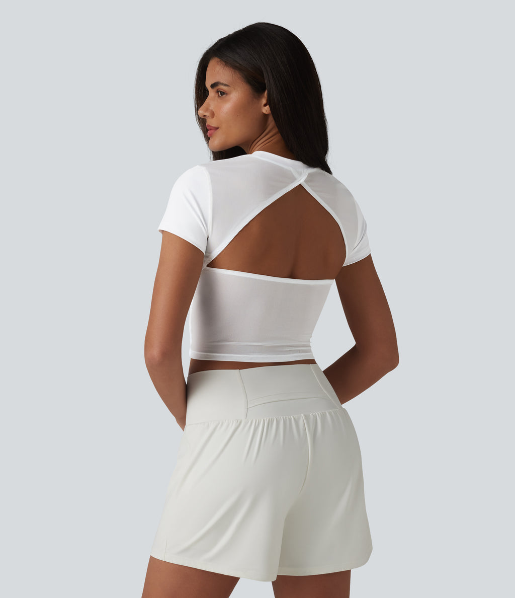 Airy Round Neck Short Sleeve Cut-Out Back Breathable Mesh InstantCool Running Sports Top — White — view 4