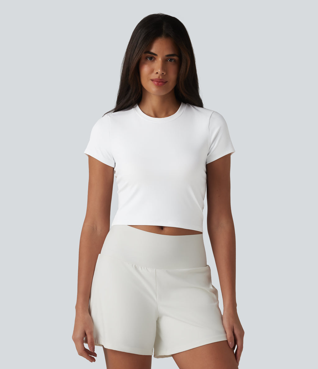Airy Round Neck Short Sleeve Cut-Out Back Breathable Mesh InstantCool Running Sports Top — White — view 2