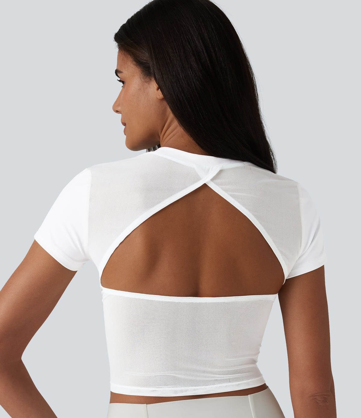 Airy Round Neck Short Sleeve Cut-Out Back Breathable Mesh InstantCool Running Sports Top — White — view 1