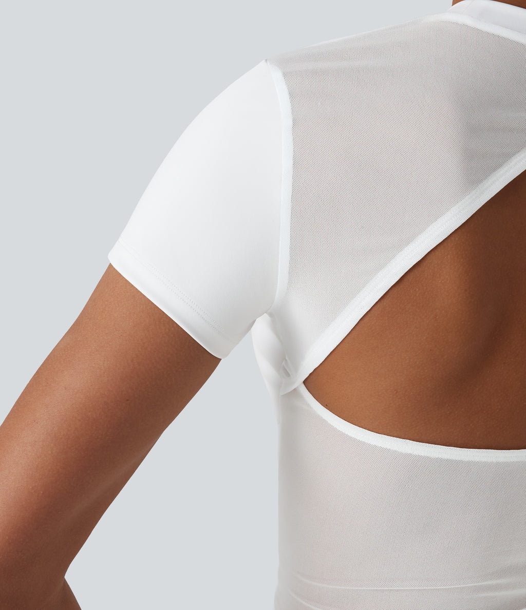 Airy Round Neck Short Sleeve Cut-Out Back Breathable Mesh InstantCool Running Sports Top — White — view 5