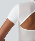 Airy Round Neck Short Sleeve Cut-Out Back Breathable Mesh InstantCool Running Sports Top — White — view 5