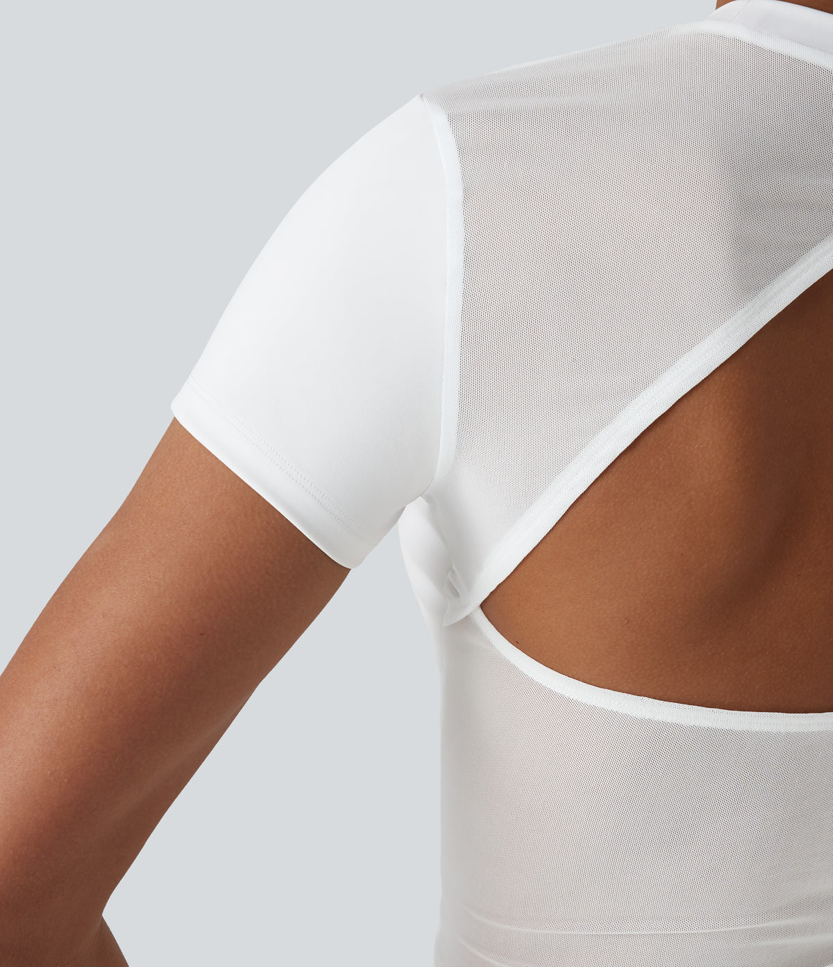 Airy Round Neck Short Sleeve Cut-Out Back Breathable Mesh InstantCool Running Sports Top — White — view 5