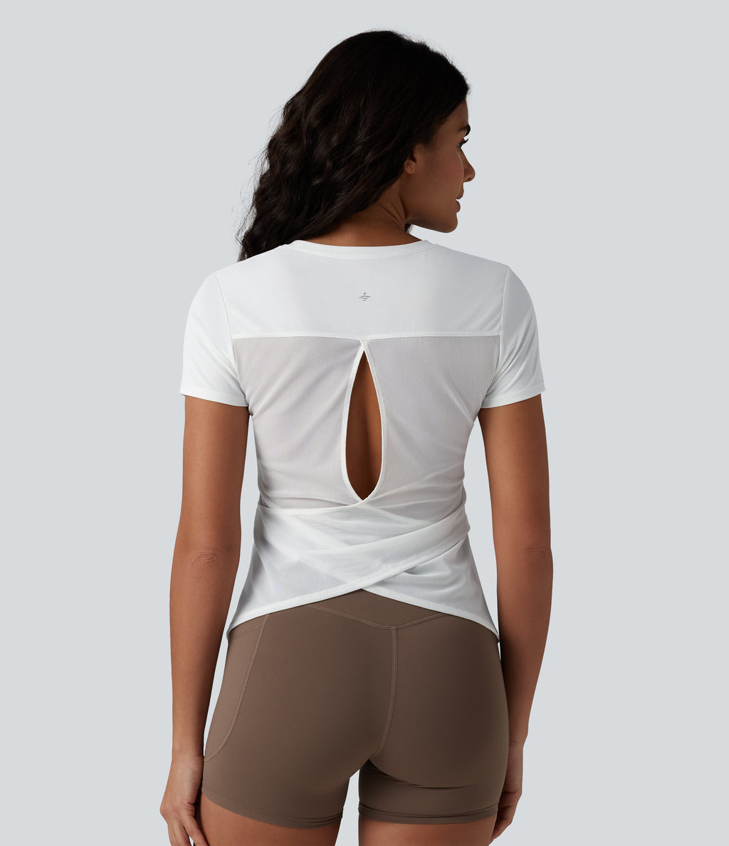 Round Neck Short Sleeve Contrast Mesh Running Sports Top — White — view 4