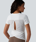 Round Neck Short Sleeve Contrast Mesh Running Sports Top — White — view 1