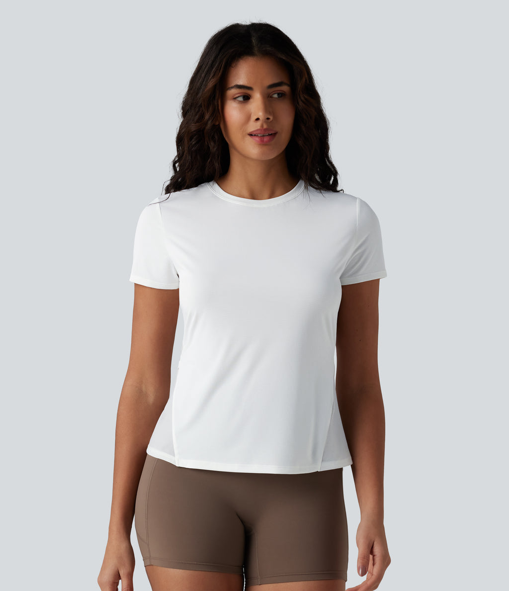 Round Neck Short Sleeve Contrast Mesh Running Sports Top — White — view 2
