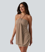 Ribbed Knit Stripes Halter Tie Back Built-in Bra Bodycon Micro Mini Resort Bubble Dress — Birch Stripe — view 3