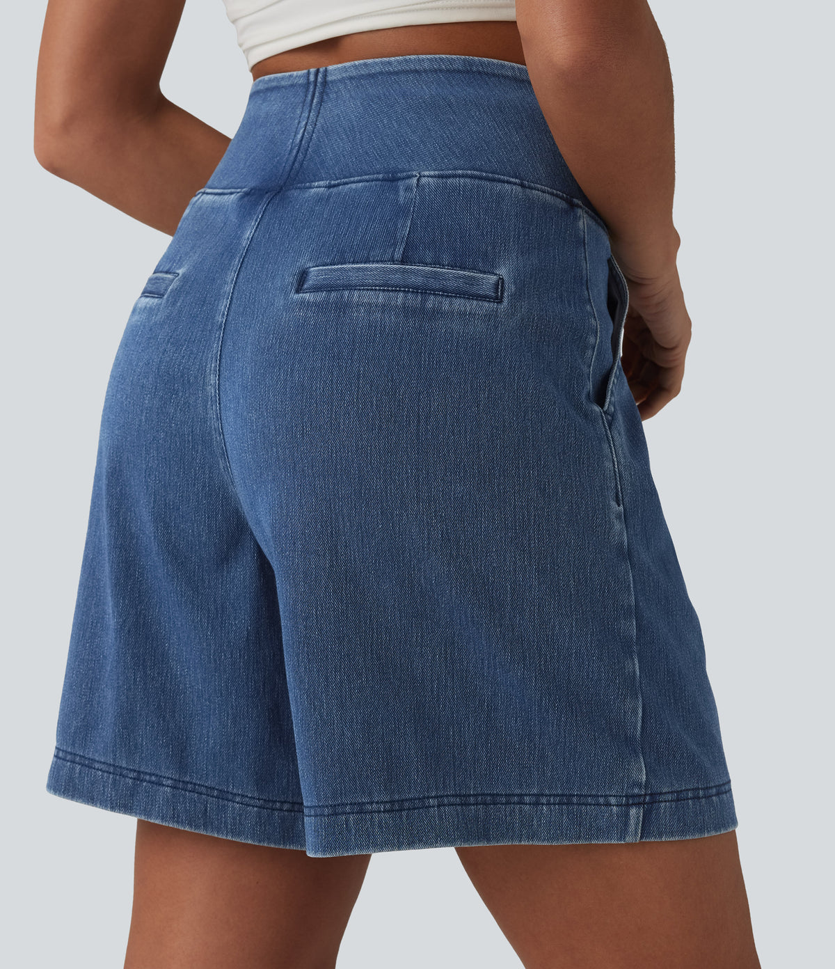 High Waisted Denim Casual Baggy Bermuda Shorts 7'' with Pockets — Estate Blue Denim — view 6