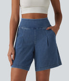 High Waisted Denim Casual Baggy Bermuda Shorts 7'' with Pockets — Estate Blue Denim — view 4